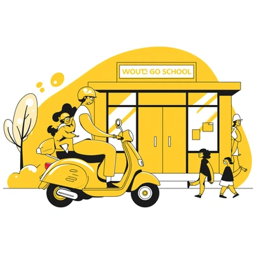 A parent dropping off their child at school on a moped, both wearing helmets