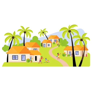A picturesque Kerala village scene featuring lush green coconut palms swaying gently in the breeze. The village comprises several traditional thatched houses with wooden frames and vibrant colors, nestled closely together. A narrow path winds through the village, leading to a small open space with children playing. In the background, a clear blue sky stretches overhead, contrasting with the greenery of the landscape. Small gardens with bright flowers and vegetables can be seen around the houses, adding detail to the tranquil setting.