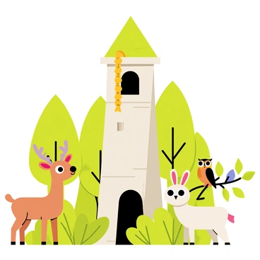 A tall stone tower with a conical roof stands in a clearing surrounded by lush green trees. The tower has a large window at the top, where a long braid of golden hair cascades down the side. Several forest animals, including a curious deer with big eyes, a playful rabbit with floppy ears, and a wise owl perched on a branch, look towards the tower with intrigue. The animals are positioned among vibrant foliage, with dappled sunlight filtering through the leaves, creating a lively atmosphere.