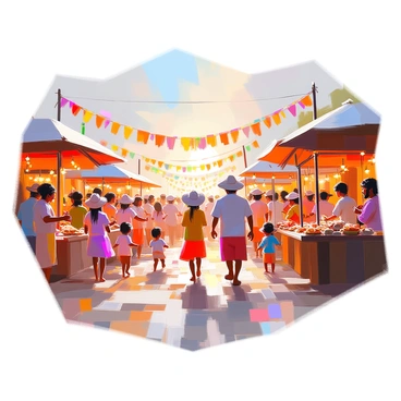 An illustration depicting traditional coastal villagers engaged in a lively festival celebration. The scene includes villagers dressed in colorful, traditional attire, some wearing hats adorned with scallop shell decorations. In the background, vibrant banners and garlands made from scallop shells hang from wooden structures. A group of children can be seen playing with small torches, while adults dance joyfully in a circle. Various stalls offering local delicacies and handmade crafts line the path, contributing to the festive atmosphere. The sun is setting, casting a warm glow over the joyful gathering.