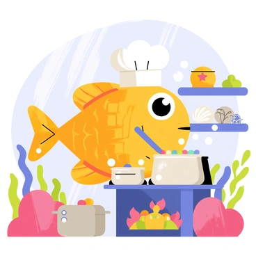 A cartoon fish with bright orange scales and big, expressive eyes is wearing a white chef's hat. The fish is standing on a coral reef, surrounded by colorful underwater plants. In front of the fish is a small stove with bubbling pots and frying pans. Bubbles are floating around as the fish stirs a pot filled with colorful ingredients. There are seaweed shelves in the background holding various cooking utensils and ingredients, like shells and starfish. Light beams from the surface above illuminate the scene, creating a lively underwater kitchen atmosphere.