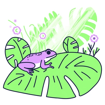 A small tree frog is resting on a broad leaf in a tropical garden. The frog has smooth skin, with distinct patterns on its back. The leaf is large and vibrant, featuring pronounced veins that create a textured appearance. Surrounding the frog, there are various tropical plants with large green leaves and slender stems. In the background, hints of colorful flowers peek through, adding to the garden's lush ambiance. Sunlight filters through the canopy, casting dappled light across the scene.