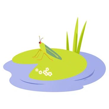 A grasshopper with green wings and a bright body is perched on a large round lily pad. The lily pad has a glossy green surface, floating gently on the water. The pond is filled with soft ripples, reflecting the blue sky above. Around the lily pad, there are clusters of small white and yellow flowers blooming above the water's surface. In the background, tall green reeds sway slightly, completing the peaceful pond scene.