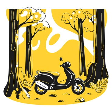 A moped on a dirt trail through a lush forest, surrounded by towering trees