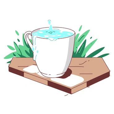 A white cup is positioned on a wooden table, and it is overflowing with clear water. The water cascades over the edge of the cup, forming small droplets that splash onto the table's surface. Surrounding the cup, there are delicate reflections of light on the water's surface, creating a sense of movement. The background features soft, blurred greenery, adding a fresh touch to the scene.