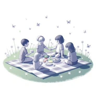A meadow with green grass, dotted with a variety of wildflowers. Several children are seated on a checkered picnic blanket, sharing a meal. Some children are reaching for food items, while others are laughing and playing. Numerous butterflies are fluttering in the air, their wings spread wide. The sun is shining brightly above, casting distinct shadows of the children and picnic setup onto the ground.