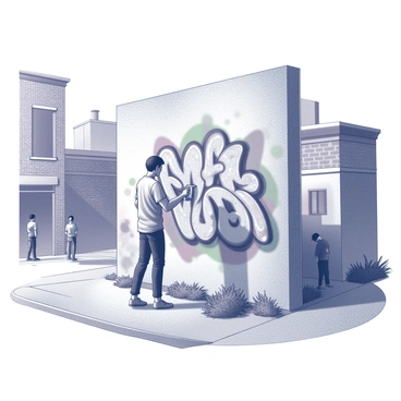 A graffiti artist is standing in front of a large wall, working intently on an intricate mural. The artist has a can of spray paint in one hand, while the other hand is guiding the nozzle, creating detailed patterns and shapes. The wall is already partially covered with bold designs and vivid colors, showcasing a blend of abstract elements and recognizable forms. The urban area around features brick buildings, scattered greenery, and a few onlookers observing the artist’s work. The setting is lively, with the artist's movements capturing the essence of street art culture.