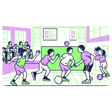 A group of children is energetically playing dodgeball in a school gym. The gymnasium has wooden flooring, and large windows let in natural light. In the center, several children are running and dodging a ball. Some are laughing and cheering, while others are focused on aiming and throwing the ball. One child is crouching low to avoid being hit, while another is preparing to throw a ball with a determined expression. School banners hang from the walls, and the bleachers are visible in the background, filled with excited spectators. The atmosphere is lively and filled with action.