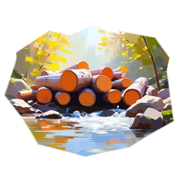 A natural logjam consisting of numerous logs tightly packed together, creating an obstruction in a flowing river. The logs vary in size and shape, some with rough bark and others smooth, showcasing different shades of brown and gray. The river, partially hidden by the logs, flows swiftly on one side, with clear water reflecting the surrounding green foliage. Sunlight filters through the trees overhead, casting dappled light on the scene and highlighting the textures of the wood. Small eddies form around the logs, adding movement to the otherwise still arrangement. Nearby, rocks are visible along the riverbank, partially covered with moss.