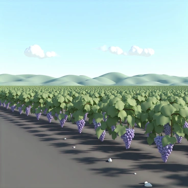 A lush vineyard in South Africa, featuring perfectly aligned rows of green grapevines. The grapevines are heavy with ripe purple grapes, glistening in the sunlight. The ground is covered with rich, dark soil, and small rocks can be seen peeking through the earth. In the background, gently rolling hills provide a stunning contrast against the vibrant green of the vineyard. Above, a clear blue sky stretches endlessly, dotted with a few fluffy white clouds. The scene is peaceful and inviting, showcasing the beauty of the vineyard landscape.