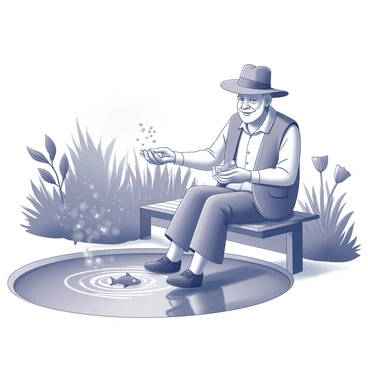An elderly man is sitting on a wooden bench beside a pond. He is wearing a wide-brimmed hat and has a gentle smile on his face. In his hands, he holds a small bag of fish food. He is scattering the food into the water, creating ripples that disturb the calm surface. Surrounding the pond are lush green plants and flowers, and a few fish are seen swimming to the surface to eat. The scene captures a tranquil moment in a well-maintained garden, with the man immersed in the simple joy of feeding the fish.