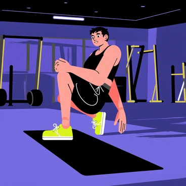 A person performing calf raises on a black exercise mat in a dimly-lit gym. The gym features bright neon lights in shades of blue and purple illuminating the space. The person is wearing a fitted black tank top and bright green athletic shoes, with a focused expression on their face. In the background, gym equipment such as weights and machines are arranged neatly, casting long shadows on the floor.