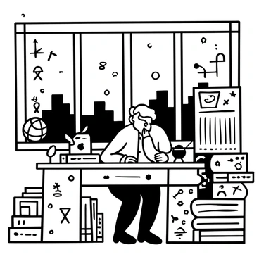 A detailed depiction of "Karl Marx" seated at a wooden desk covered with various "economic charts and graphs." He is surrounded by stacks of books and papers, with a quill pen and inkpot beside him. The room features a large window with a view of a cityscape, and a globe is positioned in one corner. "Marx" is intently focused on the charts, with his hand resting on his chin as he studies the data. Various mathematical symbols and equations are scattered across the desk, emphasizing the analytical nature of the scene.