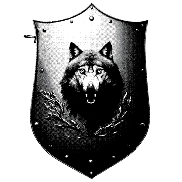A medieval shield is positioned upright, showcasing its rounded shape and metallic surface. The shield is prominently decorated with a powerful "wolf" design at the center, capturing the fierce expression and detailed fur texture of the animal. The wolf is surrounded by intricate patterns, possibly vines or geometric shapes, enhancing the overall design of the shield. Studs or rivets are visible along the edges, adding to the shield's sturdy appearance. The handle is positioned on the back, indicating how the shield is meant to be held.