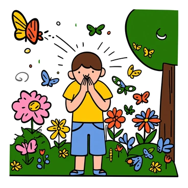 A child with light skin and short brown hair is standing in a colorful garden filled with blooming flowers. The child is sneezing, with a surprised expression on their face. Surrounding the child, vibrant butterflies in various colors and patterns are scattering in all directions, creating a lively atmosphere. The sunlight filters through the leaves of nearby trees, casting a warm glow over the scene. The child is wearing a bright yellow t-shirt and denim shorts.