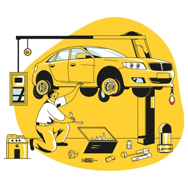 A man wearing a mechanic's uniform is crouched beside a car in a garage, working on the brake system. The car is raised on a hydraulic lift, exposing the wheels and brake components. The mechanic is focused, using a wrench to tighten a bolt. Various tools are scattered around him, and a toolbox is open nearby, revealing an array of sockets and screwdrivers. The garage is filled with equipment, such as an air compressor and car parts, enhancing the busy workshop atmosphere.