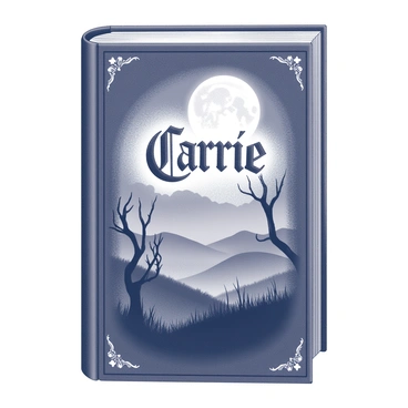 A vintage-styled book cover design. The title "Carrie" is prominently displayed in an ornate, bold font at the center. The background features a dark, shadowy landscape with twisted trees and a full moon peeking through ominous clouds. There are faint silhouettes of distant hills, adding depth to the scene. The overall composition is framed with decorative elements that enhance the vintage feel, creating a striking and atmospheric image.