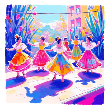 A group of dancers is performing Ballet Folklórico on an outdoor stage. The dancers are dressed in "colorful dresses" adorned with intricate patterns and vibrant colors. Each dancer has a different dress that showcases the rich cultural heritage. Some dancers are twirling gracefully, while others are in mid-leap, capturing the energy of the performance. The stage is surrounded by greenery and colorful decorations, enhancing the festive atmosphere. Bright sunlight illuminates the scene, highlighting the details of the dancers' costumes.