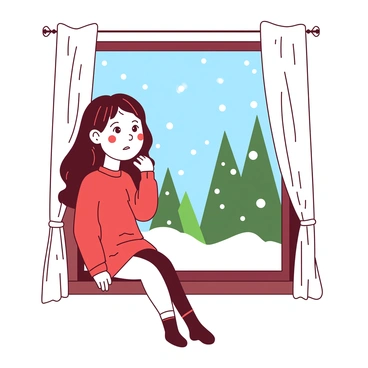 A young girl with long brown hair is sitting on a windowsill, gazing out at the falling snow. She is wearing a cozy red sweater and has a thoughtful expression on her face as she watches the snowflakes cover the ground outside. The window is framed with white curtains that gently sway, and a few snowflakes are visible on the glass. Outside, the scene is blanketed in a soft layer of white snow, with trees in the background dusted in snow.