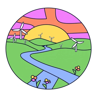 A picturesque sunset over a Ghibli-inspired countryside, with rolling hills and windmills.