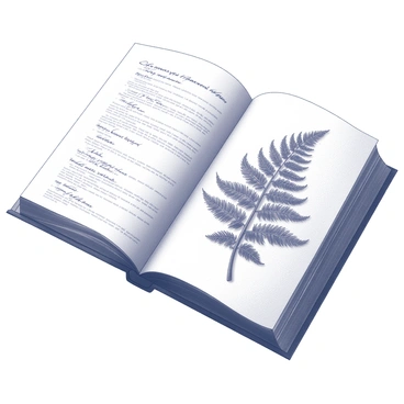 An intricate illustration of a fern displayed in an open book. The fern is detailed with precise line work, showing each frond and leaf structure in a naturalistic arrangement. Surrounding the fern are handwritten anatomy notes that describe the different parts of the plant, such as "frond," "rachis," and "leaflet." The notes feature cursive and precise lettering, adding to the vintage feel. The background is a softly textured surface that enhances the overall composition without drawing focus from the fern and annotations.
