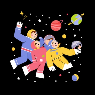 A group of children in colorful astronaut suits, featuring shades of blue, pink, and yellow, are floating in the vastness of space. Each child has a helmet on, with visible reflections of distant stars. They are surrounded by twinkling white stars scattered across a dark background. Several planets of varying sizes and colors, including a red planet with rings and a green planet with blue oceans, can be seen in the distance. The children are playfully reaching out towards a bright shooting star as they float together in this cosmic scene.