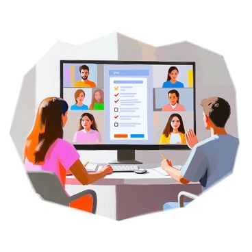 A group of diverse participants is engaged in a virtual meeting, each appearing in individual video windows on a computer screen. They come from different backgrounds, showcasing a mix of genders and ethnicities. Each participant looks attentive and focused, with some taking notes. One participant has a hand raised, indicating a question or a point to discuss. In the foreground, a digital poll is displayed on the screen, featuring multiple-choice questions that the participants are voting on through their online devices. The atmosphere conveys collaboration and active engagement as they share their thoughts.