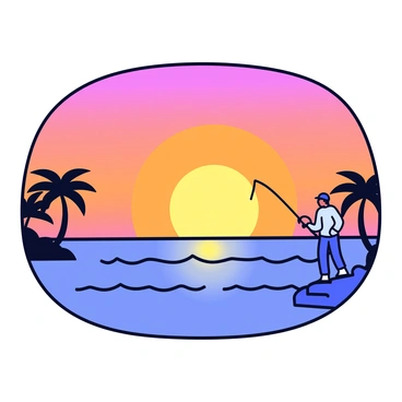 A sunset view over the Gulf Coast with vibrant orange and pink hues blending in the sky. The sun is just above the horizon, casting a warm glow. In the foreground, there is a silhouette of a lone fisherman standing on a small rocky outcrop, holding a fishing rod. The calm water reflects the colors of the sky, creating a gentle wave pattern. The background features distant palm trees that frame the scene.