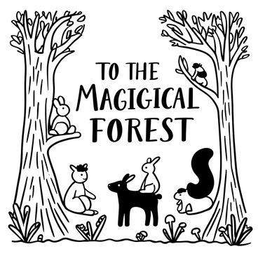A black-and-white illustration of a magical forest filled with friendly animals. The trees are tall and have intricate bark patterns, with sprawling roots and delicate leaves. Various animals such as rabbits, deer, and squirrels are positioned in different areas of the scene, interacting harmoniously with each other. A rabbit is sitting on its haunches, a deer is grazing peacefully, and a squirrel is perched on a branch. The forest floor is covered with ferns and mushrooms, enhancing the enchanting atmosphere. The words "Welcome to the Magical Forest" are displayed prominently in an ornate font above the scene.