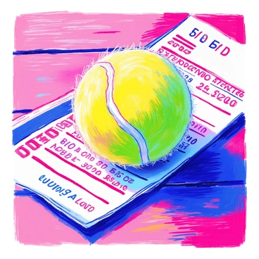 A bright green tennis ball is resting on top of a betting slip. The betting slip features various odds and numbers printed clearly. The tennis ball has a slightly fuzzy texture, with a distinct seam running around its circumference. The background includes a wooden table surface, enhancing the focus on the tennis ball and betting slip. The lighting creates subtle shadows beneath the ball, indicating the positioning on the slip.