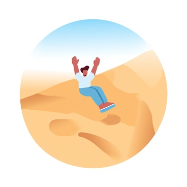 A person is sliding down a giant sand dune, surrounded by vast stretches of golden sand that reflect the bright sunlight. The individual is dressed in light, breathable clothing suitable for the heat. Their arms are raised for balance as they gracefully descend the sandy slope. The sky above is clear and blue, enhancing the bright atmosphere of the desert landscape. The sunlight casts sharp shadows on the undulating surface of the dune, creating a striking contrast between light and shadow.