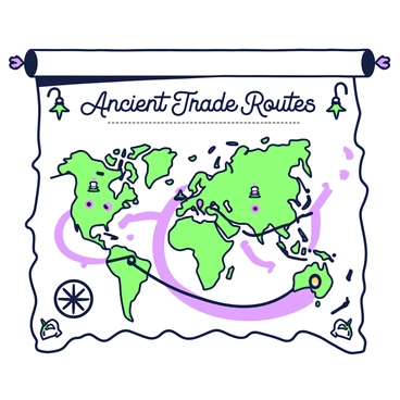 An old-fashioned parchment-style map is displayed, featuring intricate details and a weathered texture. The map illustrates ancient trade routes, marked by bold, dark lines connecting various regions. There are symbols representing important cities and trade hubs, depicted as small icons. Around the edges of the map, decorative elements like compass roses and sea monsters are included. The title "Ancient Trade Routes" is elegantly scripted at the top of the map. The overall design conveys a sense of exploration and historical significance.