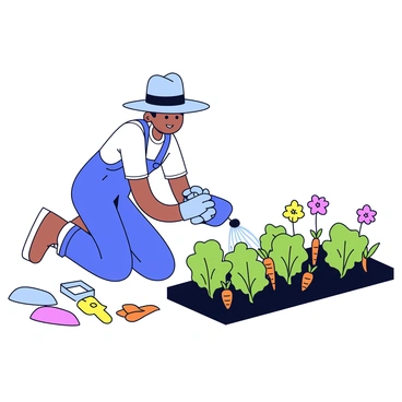 A gardener kneeling on the ground, wearing a wide-brimmed hat and gardening gloves. The gardener is carefully watering a patch of vibrant green vegetables, including leafy lettuce and bright orange carrots emerging from the soil. Surrounding the vegetables are small, colorful garden tools positioned neatly. In the background, there are a few small, blooming flowers adding splashes of color to the scene.