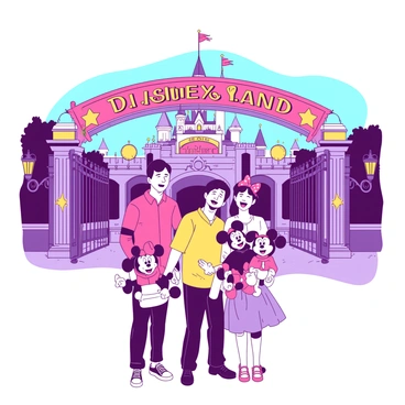 A vibrant scene at the grand entrance of Disneyland. The entrance gates are adorned with bright banners and colorful decorations. A family of four, consisting of two excited children and their parents, is standing in front of the gates, smiling with anticipation. The children are holding Mickey Mouse plush toys in their hands. In the background, a large "Disneyland" sign is prominently displayed. The scene captures the joyful expressions of the families as they prepare to step into the magical park. The sky is clear, adding to the cheerful atmosphere.