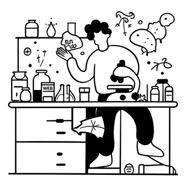A young man with messy hair, wearing a lab coat, is focused on a microscope placed on a cluttered laboratory table. Various glass vials and scientific instruments surround him. He is holding a small container labeled "Web Fluid" in one hand, while adjusting the microscope with the other. Papers and notes with sketches of web patterns are scattered around, contributing to the busy atmosphere of the lab.