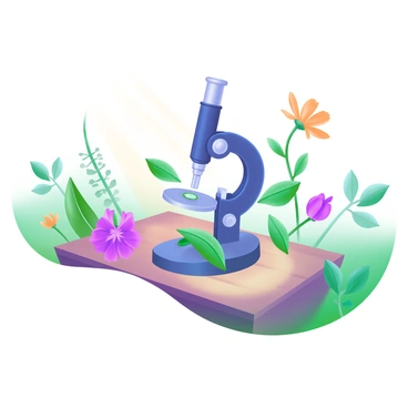 A modern pastel illustration features a microscope placed outdoors on a wooden table. The table is surrounded by various green leaves and vibrant flowers, arranged as if ready to be examined. Sunlight casts gentle shadows on the table surface, highlighting the details of the microscope. In the background, additional soft greenery adds to the natural setting.