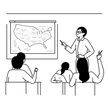 A teacher stands at the front of a classroom, pointing to a large map on the wall that illustrates a historical event. The teacher is wearing glasses and a button-up shirt, engaged in explaining details. In front of the teacher, several students are seated at desks, with notebooks open and pens in hand, diligently taking notes. One student raises their hand to ask a question, while another leans forward with an interested expression. The classroom has wooden desks and a chalkboard filled with notes related to the topic being discussed.