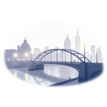 A foggy morning scene at London Bridge, with the iconic arching structure partially obscured by dense fog. The bridge is surrounded by softly glowing street lamps, illuminating the surrounding area with a gentle light. The water of the Thames is visible beneath the bridge, reflecting faint outlines of the architecture. Shadows of distant buildings loom through the fog, creating a sense of depth and mystery. The overall atmosphere is tranquil, with a few silhouettes of pedestrians navigating through the mist.