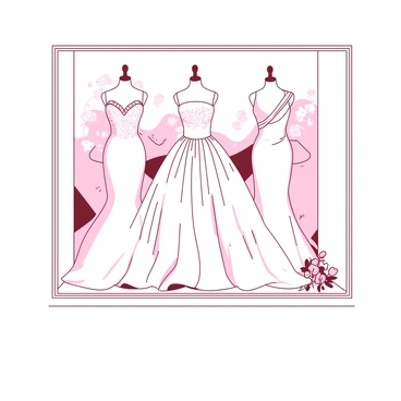 A white boutique window showcases several elegant wedding dresses displayed on mannequins. Each mannequin features a distinct style of dress, including a fitted lace gown, a flowing tulle ball gown, and a sophisticated A-line satin dress. The dresses are adorned with intricate beading and delicate embroidery. Soft, warm light illuminates the dresses, creating a romantic atmosphere. The background of the window is decorated with soft floral arrangements in coordinating colors, enhancing the bridal theme.