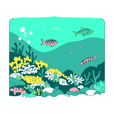 A teal background represents the depths of the ocean, filled with various species of fish swimming gracefully in the water. Some fish are small and vibrant while others are larger, exhibiting a mix of patterns and colors. The fish navigate through an intricate coral reef, which is predominantly yellow, showcasing an array of shapes and textures that provide habitat and shelter. Bubbles rise from the coral, adding depth to the underwater scene, while strands of seaweed sway gently in the current. The entire composition is set on a white illustration board, framing the vivid underwater life.