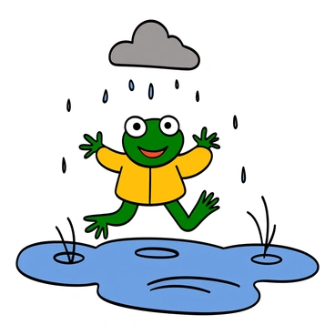 A cute green frog with big eyes wearing a bright yellow raincoat is jumping joyfully in a series of puddles. Water is splashing around as the frog leaps from one puddle to another. The ground is wet, and there are small ripples forming in the puddles. The frog has a cheerful expression, and the raincoat adds a whimsical touch to the scene. Small drops of rain are falling from a cloudy sky above, enhancing the playful atmosphere.