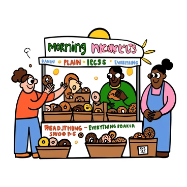 A bustling morning market stall filled with freshly baked bagels, stacked neatly in baskets. There are various types of bagels, including plain, sesame, and everything bagels. Lively customers of diverse backgrounds are interacting with the vendor. A light-skinned woman with big eyes and curly hair is reaching for a bagel, while a dark-skinned man with big eyes is chatting with the vendor, who is wearing an apron. The stall is adorned with colorful signage displaying prices and flavors, and there are morning sunlight rays illuminating the scene.