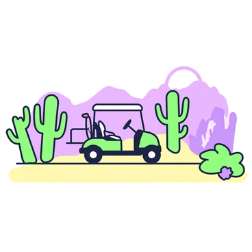A golf cart is moving across a sandy desert course surrounded by various cacti and rocky formations. The golf cart features a canopy over the seats and has a set of golf clubs visible at the back. To the left, there are tall cacti with branching arms and spines. On the right, a series of rocky formations rise from the ground, displaying various textures. In the background, the horizon features a clear sky without any clouds, adding to the landscape.
