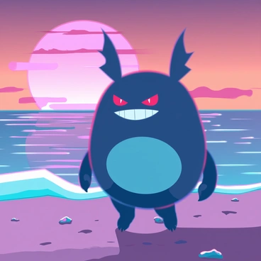 A Gengar, a round, ghostly Pokémon with a mischievous grin and large, pointed ears, is strolling along a sandy beach. The Gengar's body appears to have a shadowy hue, blending with the surroundings. Behind it, the sky is filled with vibrant colors, transitioning from deep oranges to soft pinks, as the sun sets on the horizon. Gentle waves lap at the shore, reflecting the colors of the sunset. The beach is dotted with small, smooth stones and seashells, creating a textured landscape that contrasts with the Gengar’s ghostly appearance. The atmosphere captures the essence of a tranquil evening by the sea.