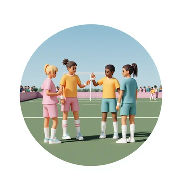 A group of four female players, wearing colorful jerseys and matching athletic shorts, are huddled together on a grassy field. They are engaged in a strategy discussion, with one player, who has long brown hair tied in a ponytail, gesturing enthusiastically while the others listen intently. Another player, with short black hair, is pointing to a spot on the field, emphasizing their next move. The remaining players, one with curly blonde hair and another with braided hair, nod in agreement, showcasing strong teamwork and camaraderie. In the background, a goal post is visible under a clear blue sky, with spectators cheering on the sidelines.