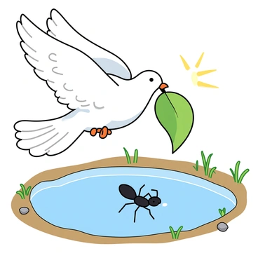 A white dove with fluffy feathers is flying above a small puddle of water. Its wings are spread wide, displaying a graceful stance. In its beak, the dove holds a vibrant green leaf, ready to drop it into the water below. The puddle is clear, and an ant is struggling to stay afloat, its tiny legs kicking frantically. The surrounding area is dotted with small pebbles and blades of grass, creating a natural setting. Sunlight glints off the surface of the water, highlighting the urgency of the scene as the dove prepares to help the drowning ant.