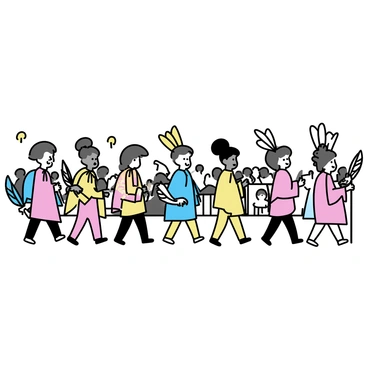 A parade scene featuring performers walking in a line. Each performer is dressed in vibrant garments that resemble ceremonial mantles, adorned with intricate patterns and bright colors. The performers are of various ages and ethnic backgrounds, showcasing diversity. They hold props such as large feathers and wooden staffs, contributing to the festive atmosphere. The background includes a crowd of spectators who are watching the parade with interest.