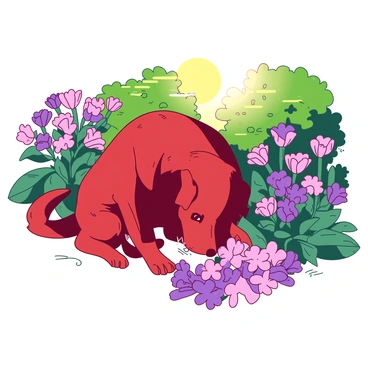 A red dog with floppy ears is curiously sniffing a cluster of colorful flowers in a vibrant garden. The flowers are in various shades of pink and purple, blooming abundantly around the dog. The garden is filled with lush green foliage that provides a lively backdrop. Sunlight filters through the leaves, creating a warm glow over the scene. The dog is crouched low with its nose close to the ground, displaying a playful and inquisitive expression.