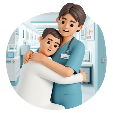 A kind nurse, wearing blue scrubs and a name badge, is giving a reassuring hug to a cancer patient. The nurse has short brown hair pulled back and a warm smile. The patient is sitting in a hospital gown, with short hair, looking comforted in the embrace. They are in a hospital hallway, with soft lighting and light-colored walls in the background. Medical equipment can be seen nearby, and there are motivational posters on the walls, adding to the caring environment.
