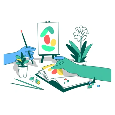 A teal thumb is engaged in painting on a small white canvas with vibrant strokes of color. Next to it, a blue thumb holds a white book open, showcasing colorful illustrations on the pages. A yellow thumb is busy gardening, with dirt on its tips, while a small white flower is being planted in a tiny pot beside it. Each thumb is positioned in a way that showcases its activity, creating a scene of varied hobbies.